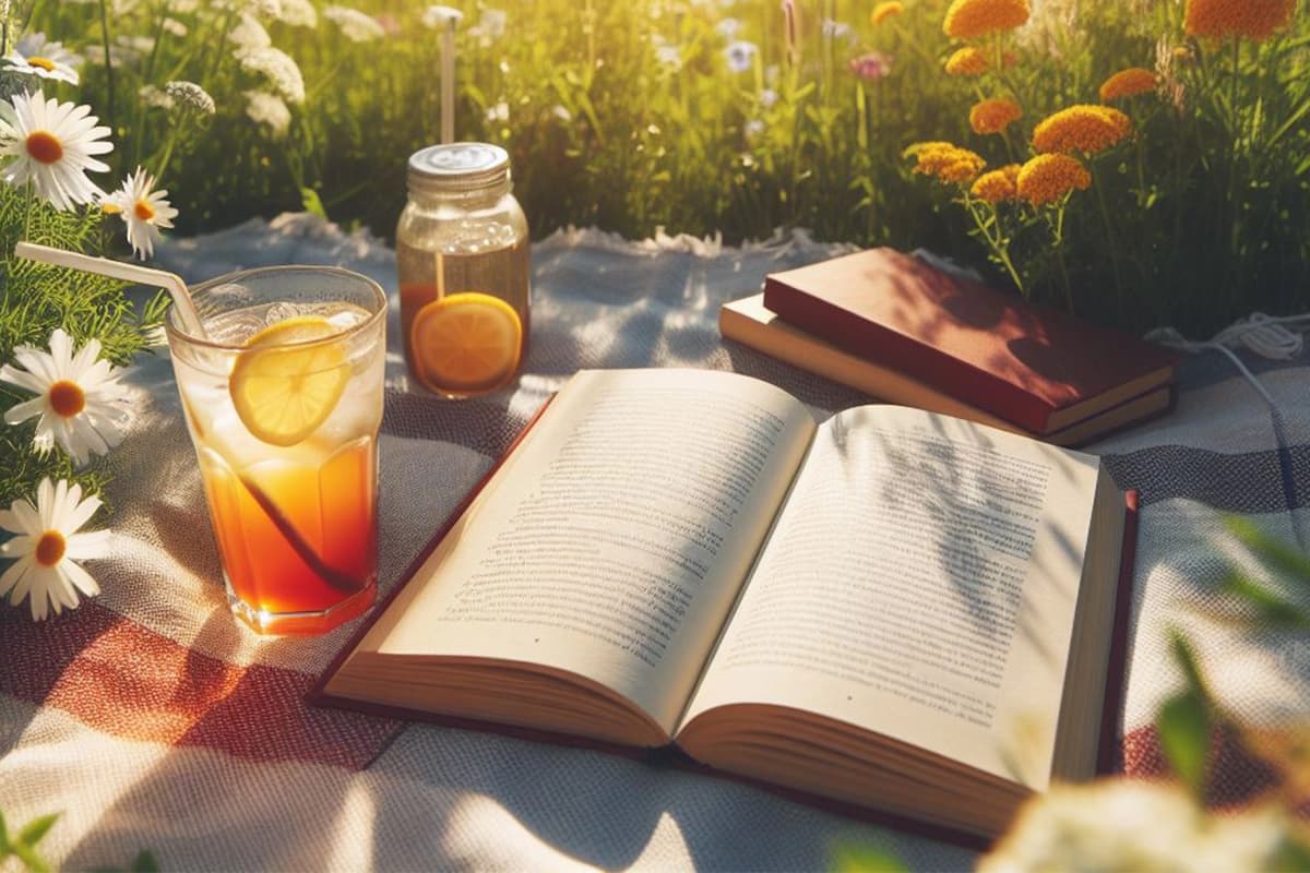 A ler o livro A Espia do Bolonhês numa manta no campo, acompanhado de um cocktail