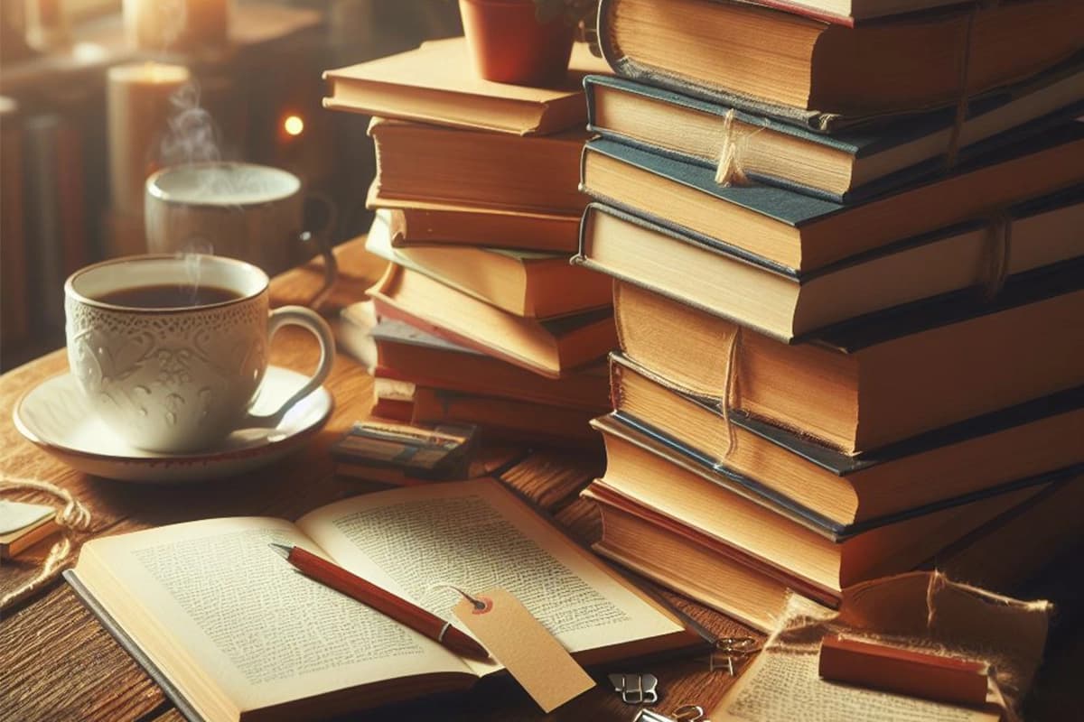 Conexão em Amor, um livro aberto, uma boa leitura e uma chávena de chá, ao lado de uma pilha de livros