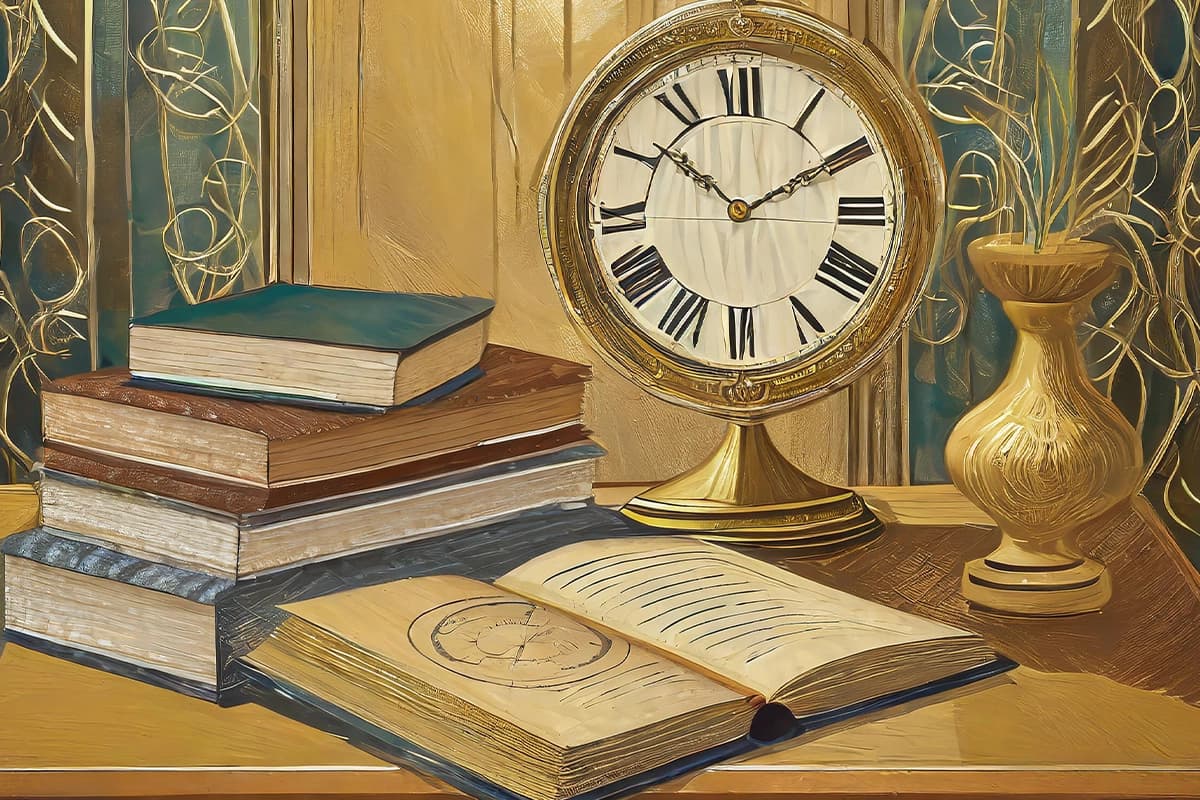 Livro Guisando, de Seriluce Gomes, pousado sobre uma mesa, ao lado de vários livros. Está pousado um relógio, logo atrás, que marca as vinte e duas horas e dez minutos. 