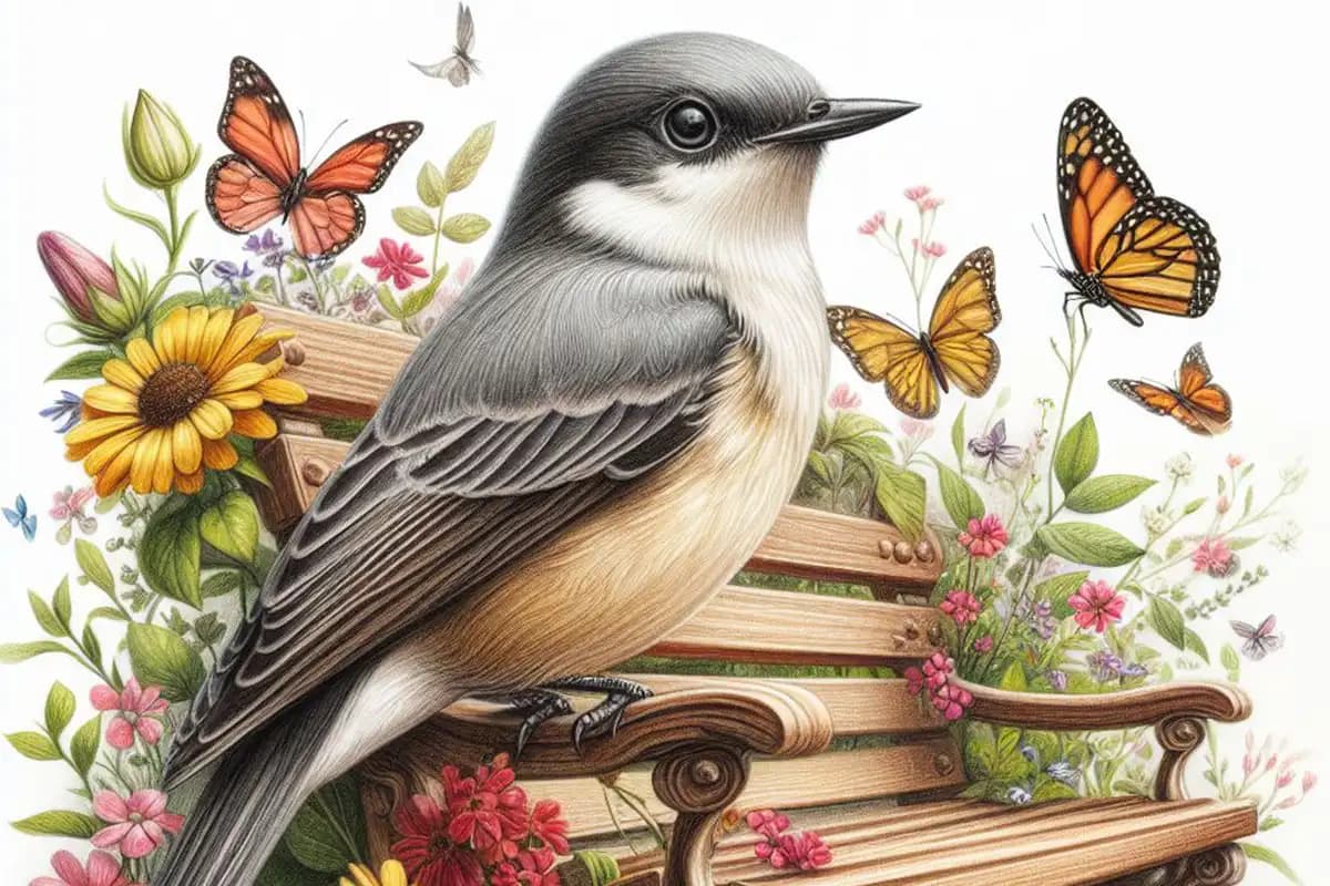 Pássaro pousado sobre um banco de jardim, rodeado de flores e borboletas, olhando atentamente para uma menina que lê o livro Dançando entre as nuvens, de Zélia Alves