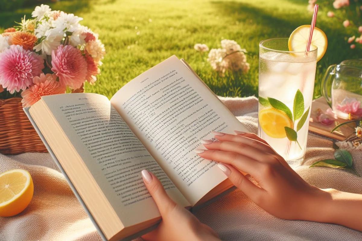 a ler o livro Talvez... Uma Caixa de Memórias num jardim verdejante a saborear uma limonada