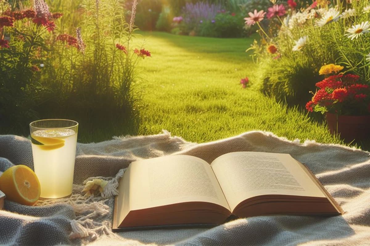 a ler o livro Olhar do Pecado, num jardim cheio de flores com um copo de limonada