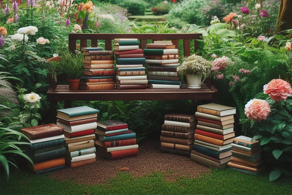 Vários livros Amor Flores Esperança pousados no chão e no banco de jardim, rodeado de flores. 